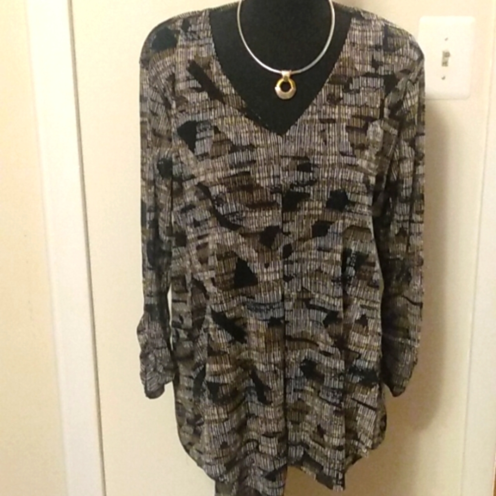 D) Alfani Ladies long Sleeve large black, brown and white V-Neck sheer blouse.